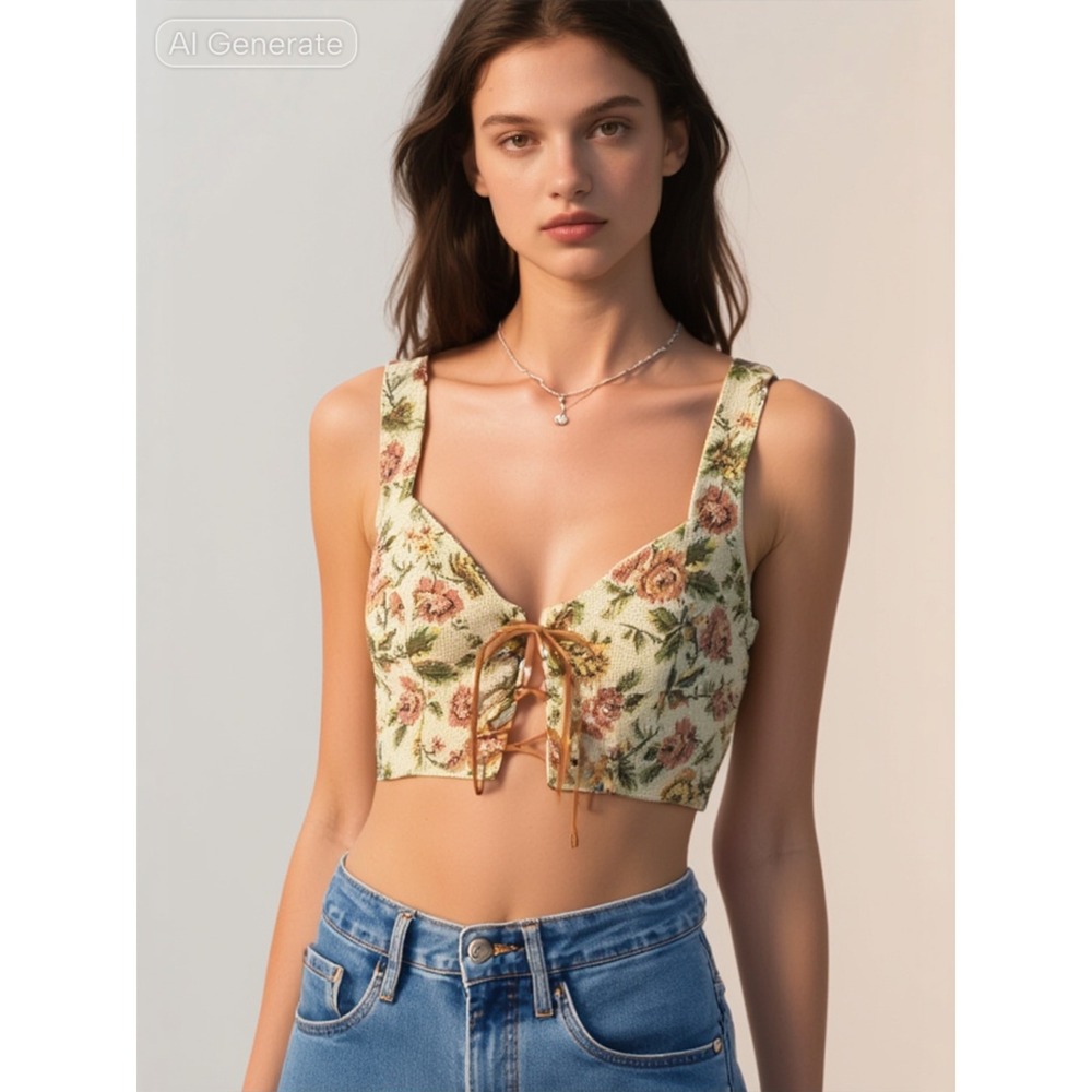 Romwe Corset Style Crop‎ Top Tie Front Jacquard Sz Small NWT